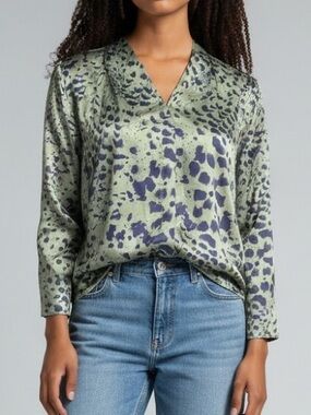 Aritzia Babaton Animal Print Satin Long Sleeve Blouse Green